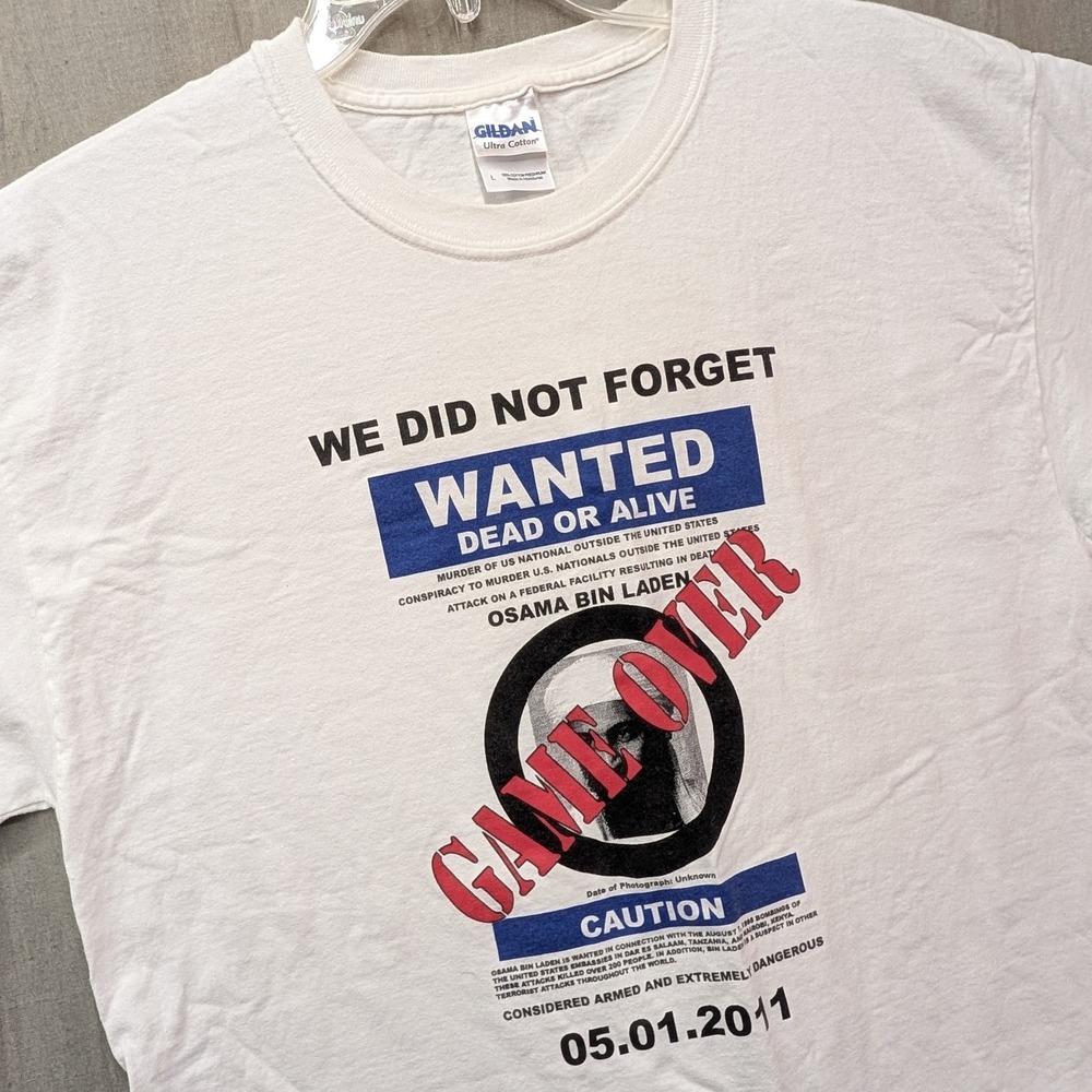Gildan Osama Bin Laden Game Over Wanted Dead or Alive T-Shirt White Large